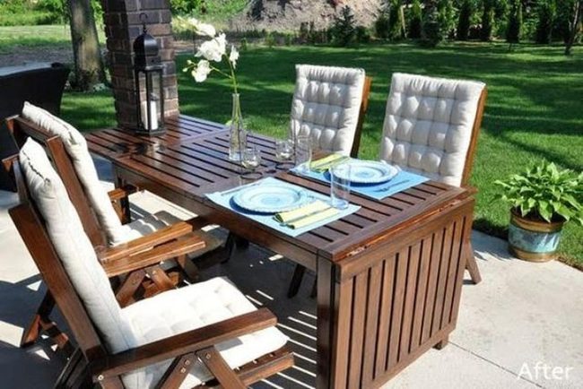 Wooden Tables, Blue Plates, Green Surroundings