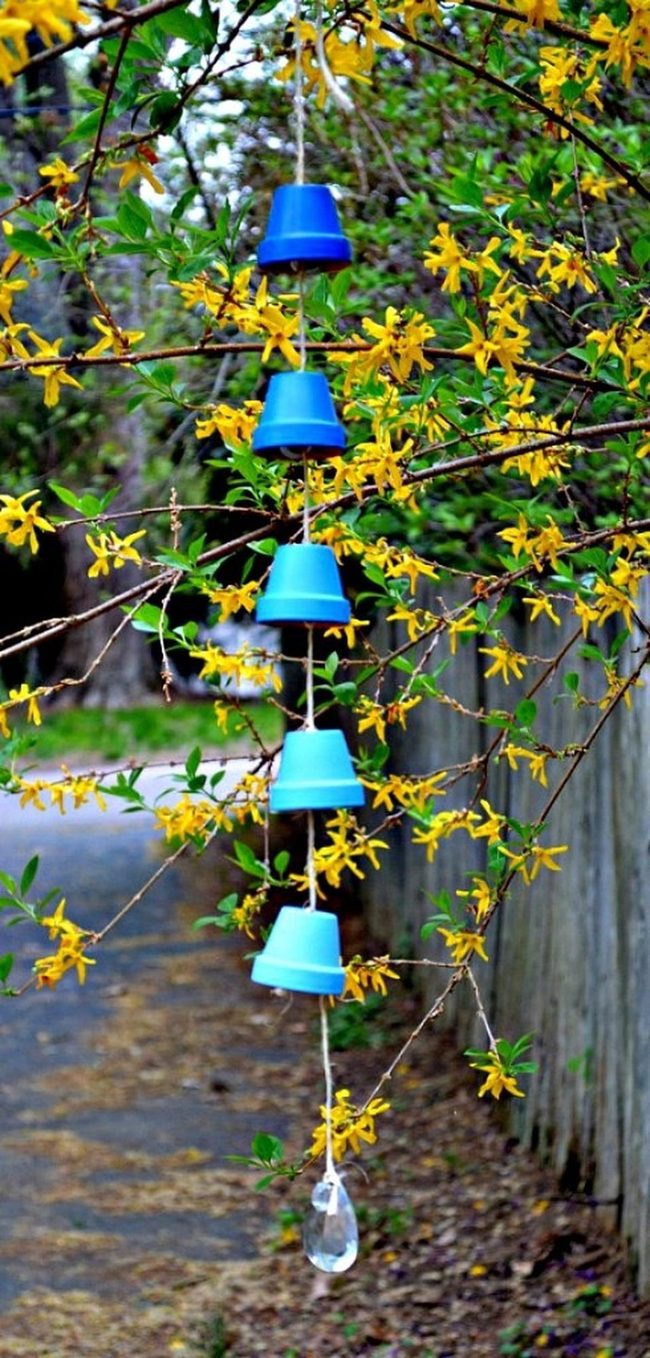 Yellow Blooms, Blue Vessels, Hanging Crystals