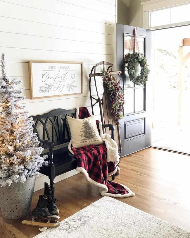 White Shiplap Vintage Sled Entryway