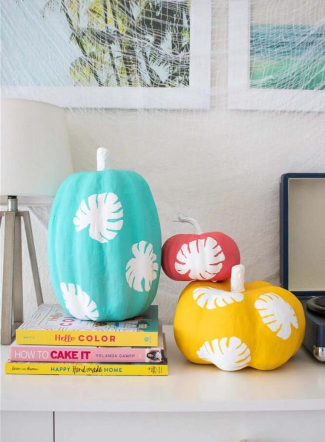 Neon Pumpkins With Tropical Leaves