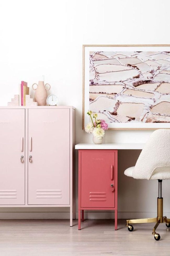 Pink Cabinets, Gold-Wheeled Workspace