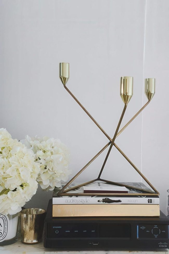 Gold Candle Holder, Flowers, Books
