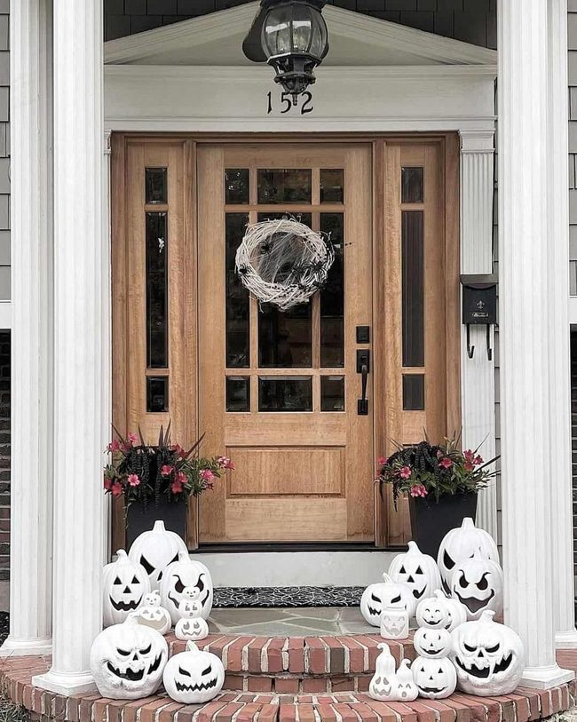 White Pumpkins Pink Flowers Porch