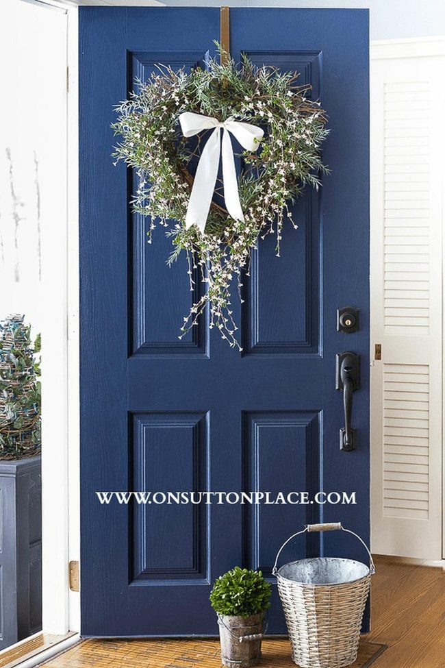 Deep Blue Door, White Heart Wreath
