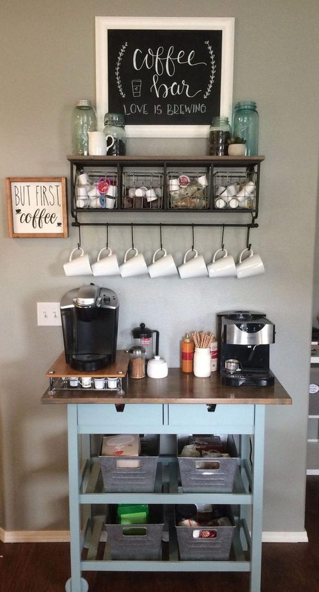 Gray Walls, Blue Cart, Coffee Ready
