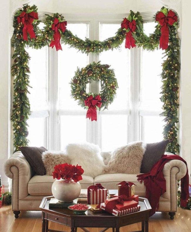 Pine Garland Window Red Ribbons