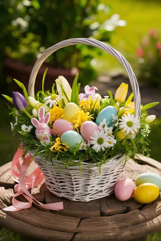 Wicker Basket Bursting With Spring Blooms