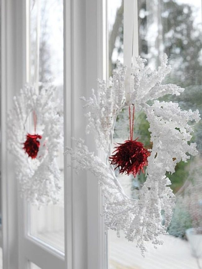Frosted White Wreaths, Crimson Accents