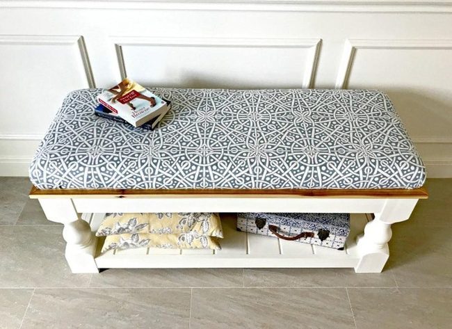 White Bench, Blue Cushion, Storage