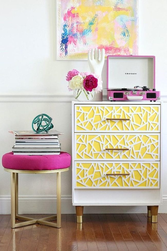 Yellow Geometric Drawers With Pink Record Player
