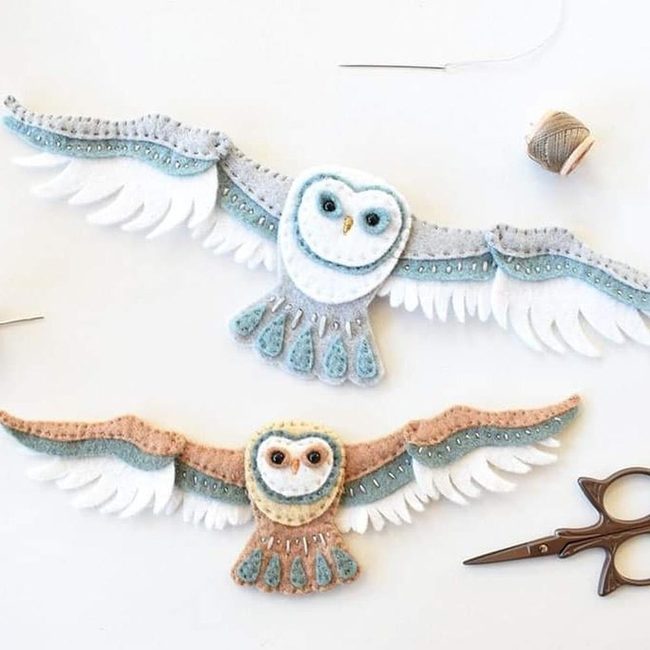 Dimensional Felt Owls In Soft Tones