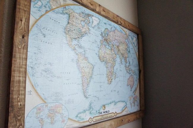 Beige World Map With Natural Wood Frame