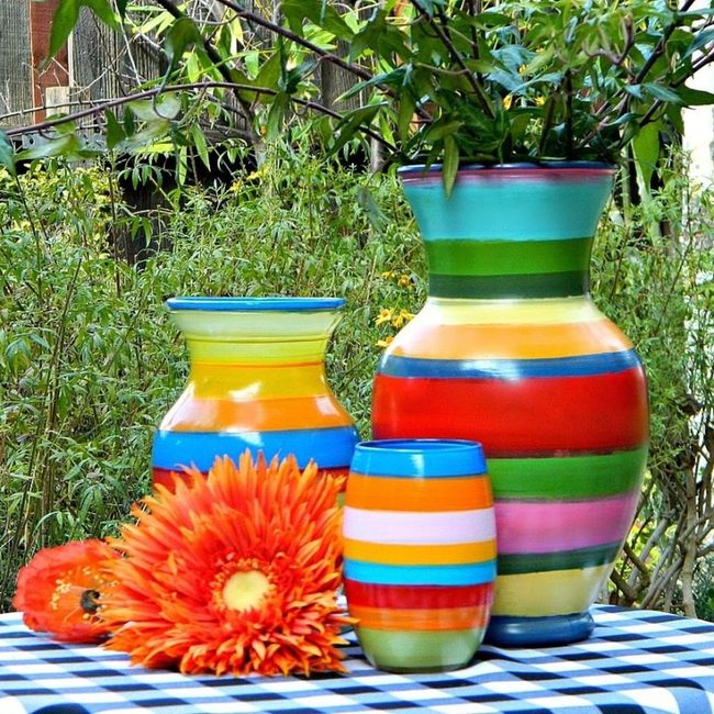 Striped Ceramic Vases With Green Branches