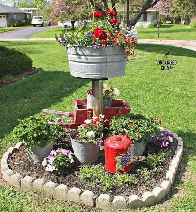Galvanized Bucket Flower Tower