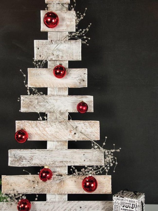 Whitewashed Wood Trees, Red Ornaments