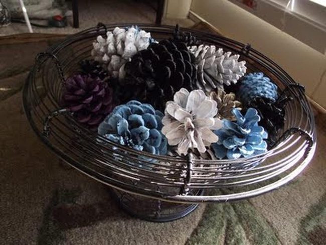 Painted Pinecones In Metal Basket
