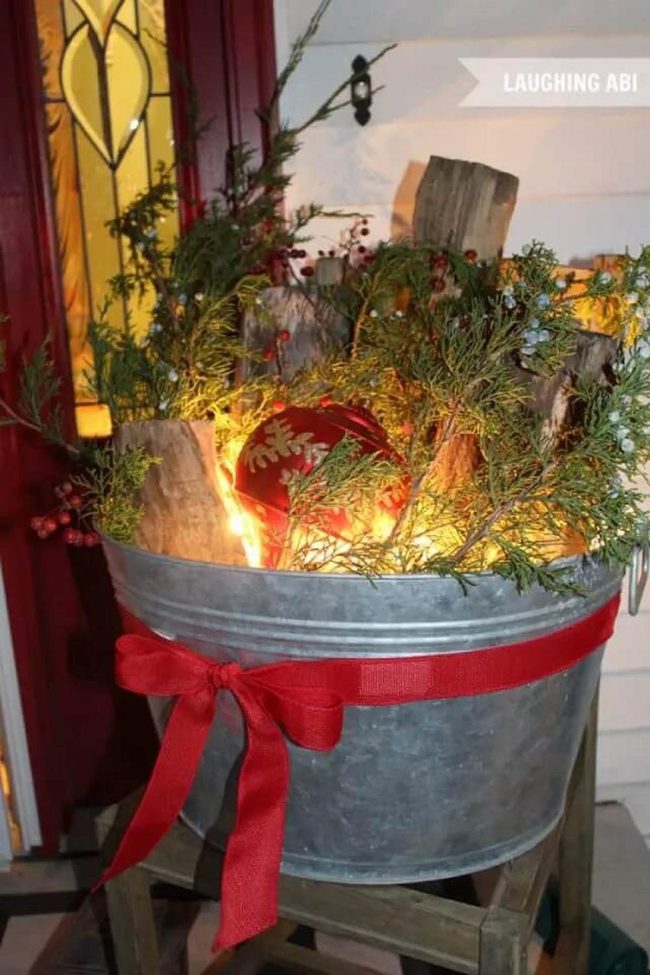 Metal Bucket With Berries And Lights