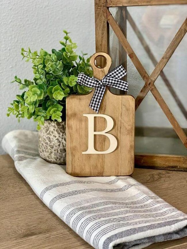 Monogrammed Wood Board With Checkered Ribbon