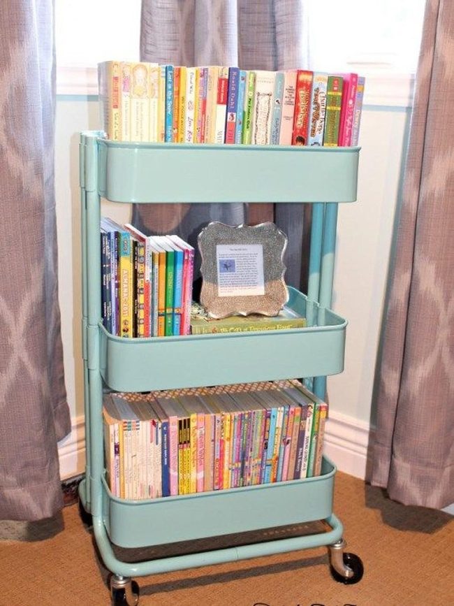 Blue Cart Among Rainbow Shelves