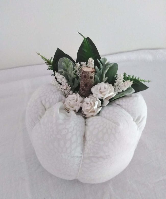 White Fabric Pumpkins With Autumn Greenery