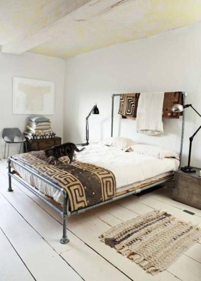 White Metal Bed, Black Lamps