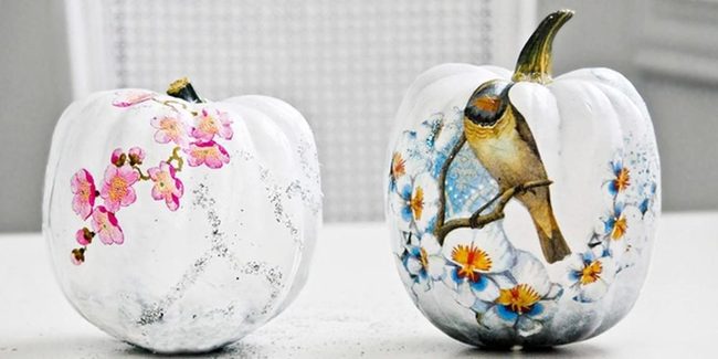 White Pumpkins, Hand-Painted Florals