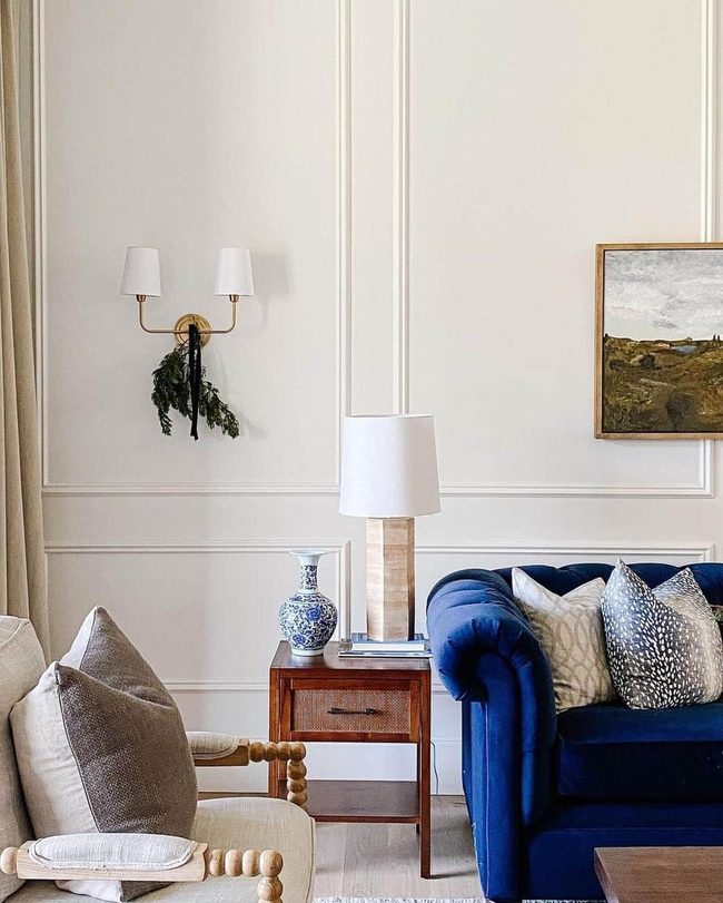 Blue Sofa With Weathered Wood Warmth