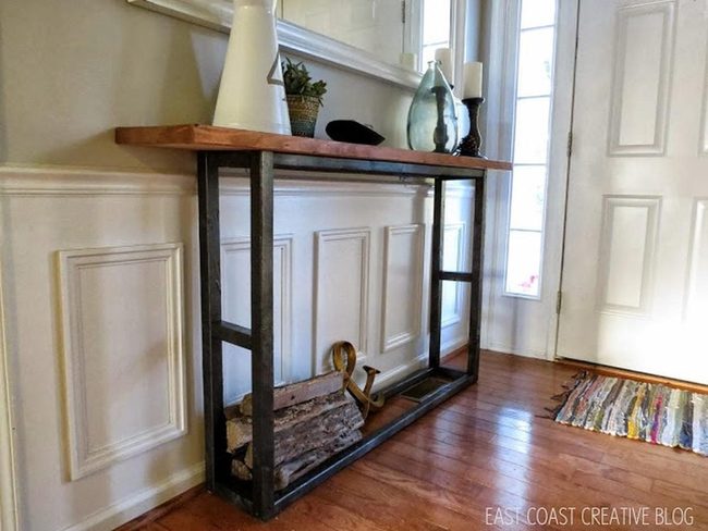 Wood Table Gold Hooks Entryway