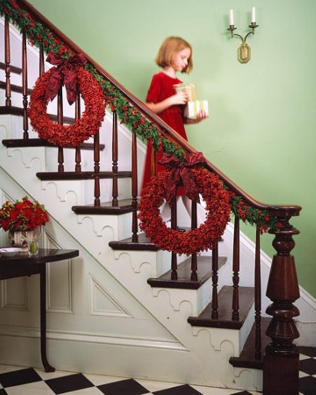 Red-Dressed Girl, Festive Staircase