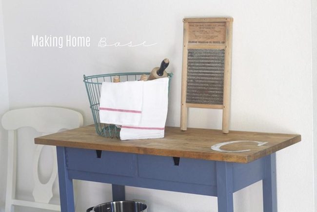 Blue Wood Tables, White Chairs