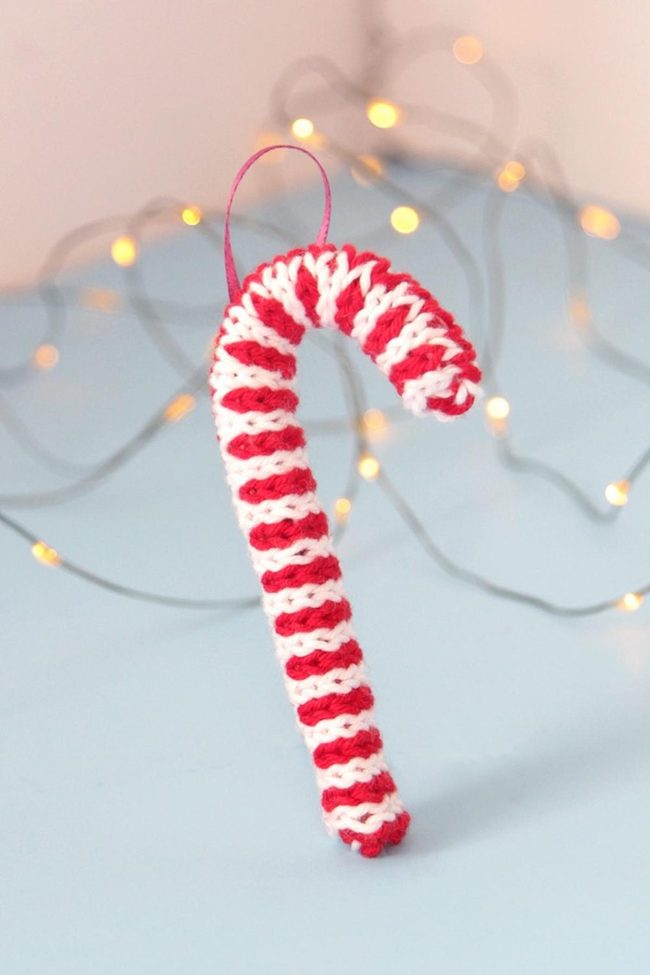 Red And White Striped Yarn Ornament