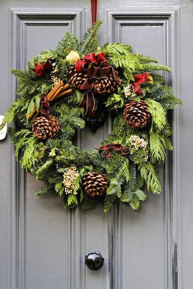 Green Pine Wreath Red Ribbon