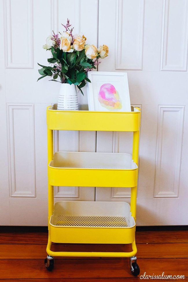 Yellow Tiered Cart With Cream Roses