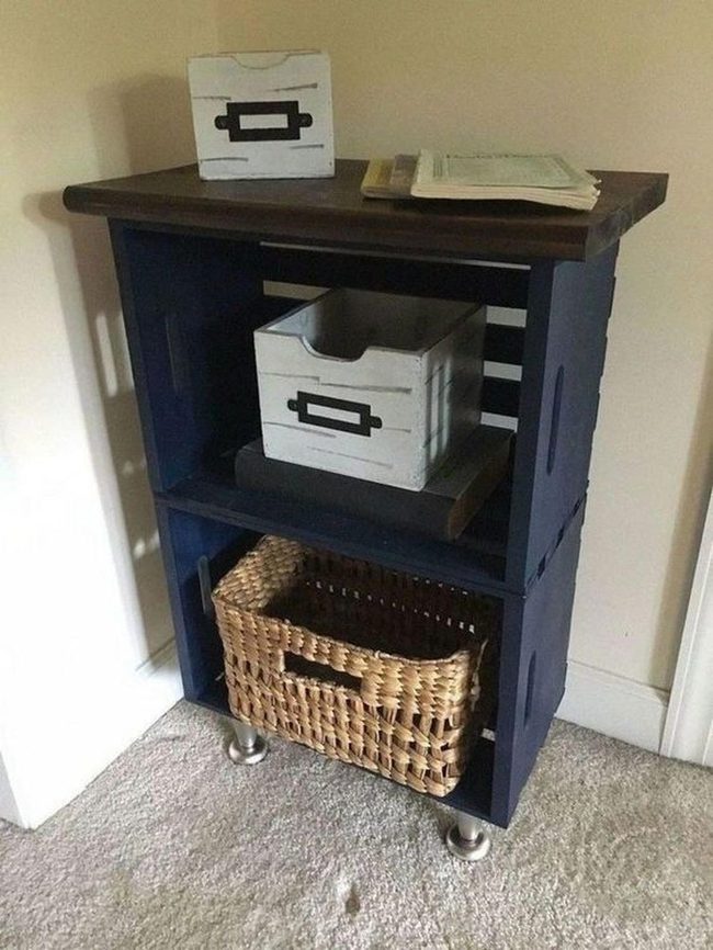 Dark Blue Shelving With Warm Wood