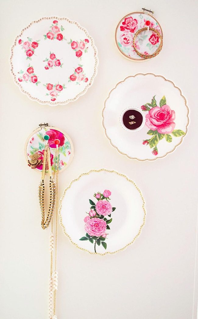 Pink Floral Plates, Golden Jewelry Display