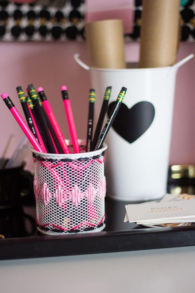 Pink Pencils, Black Desk Workspace