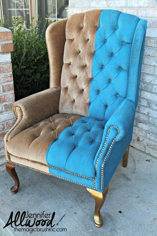 Brown And Blue Button Tufted Chair