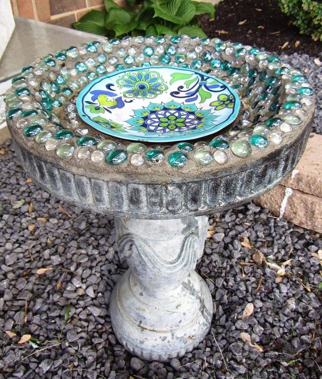 Concrete Bird Bath With Sparkling Glass Jewels