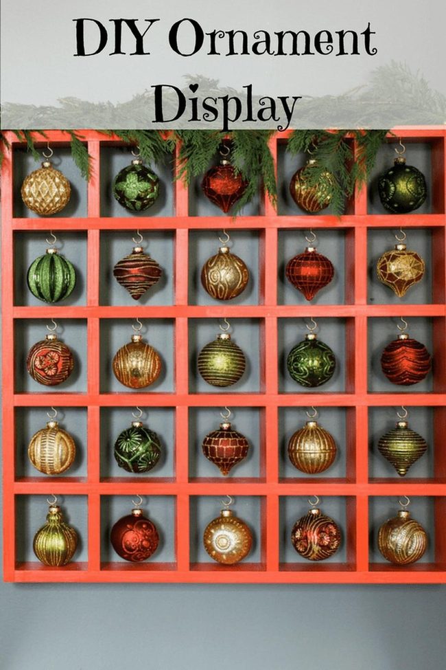 Red Wooden Shelves With Glittery Ornaments