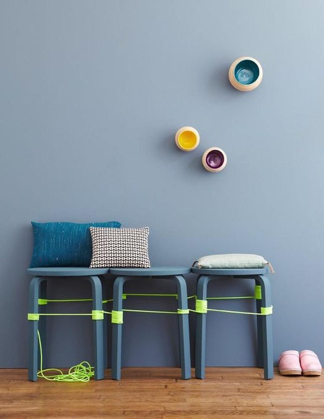 Blue Stools, Colorful Bowls, Wooden Warmth