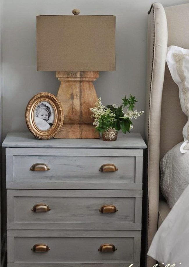 Gray Wood Nightstand Gold Accents