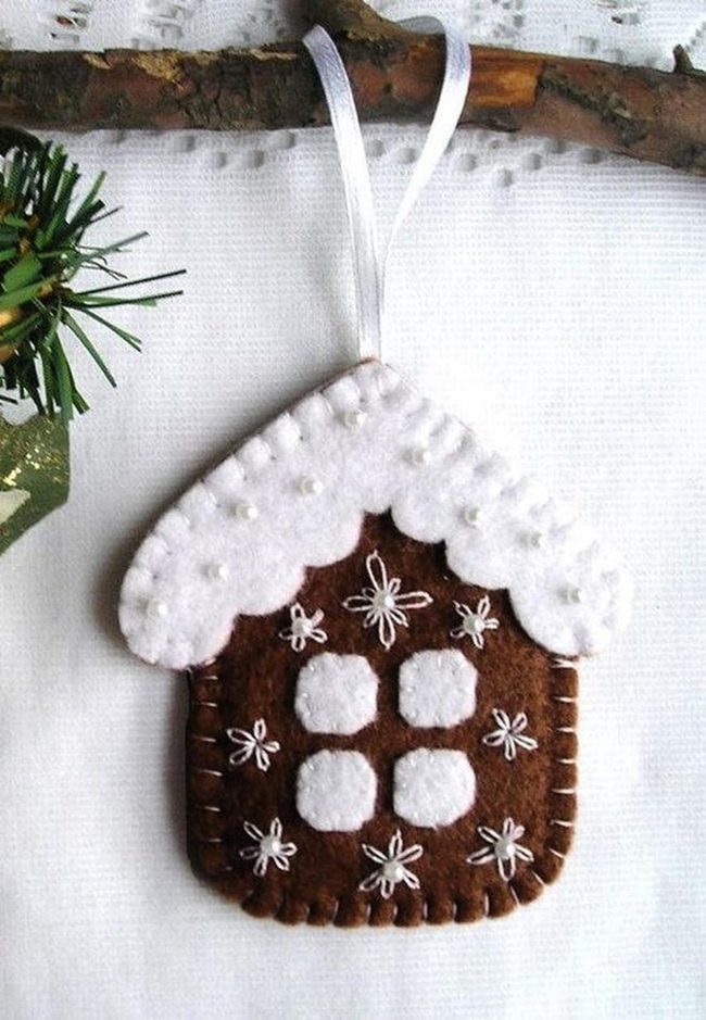 White-Stitched Felt House Ornament