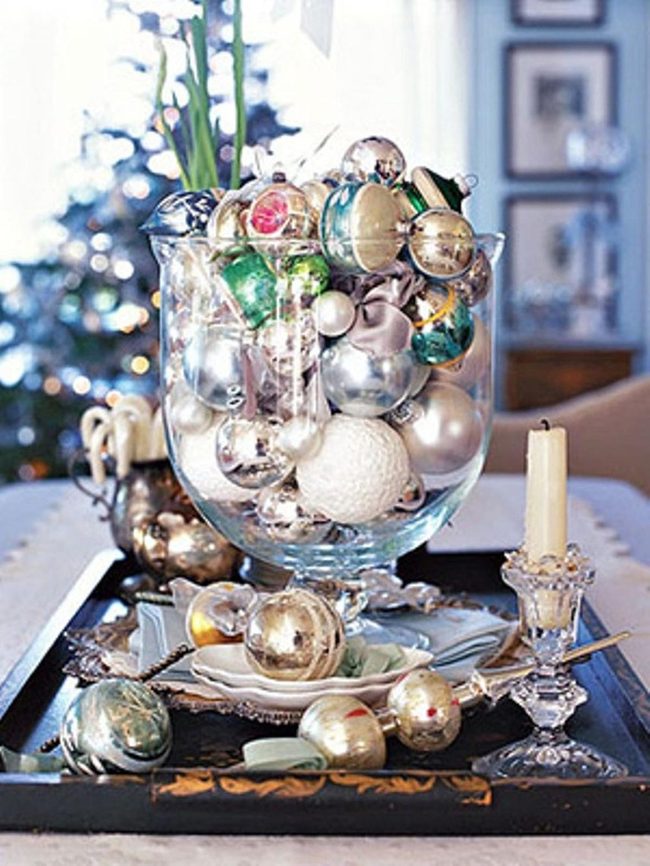 Metallic Ornaments In Glass Bowl