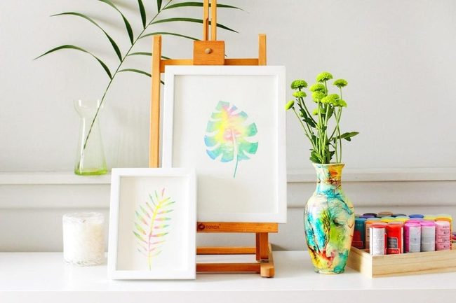 Leaf Paintings On White Shelves