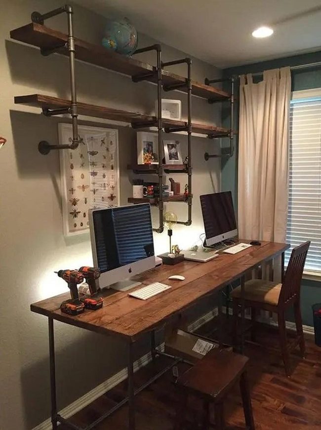 Dual Workspace, Dark Metal Shelves
