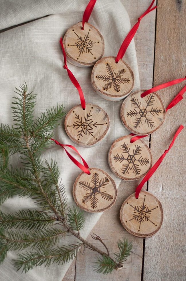 Natural Wood Snowflakes Red Ribbons