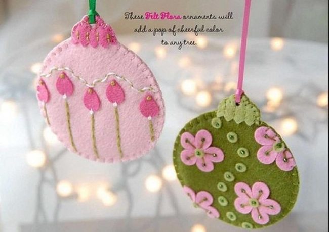 Handstitched Felt Ornaments, Pink And Green