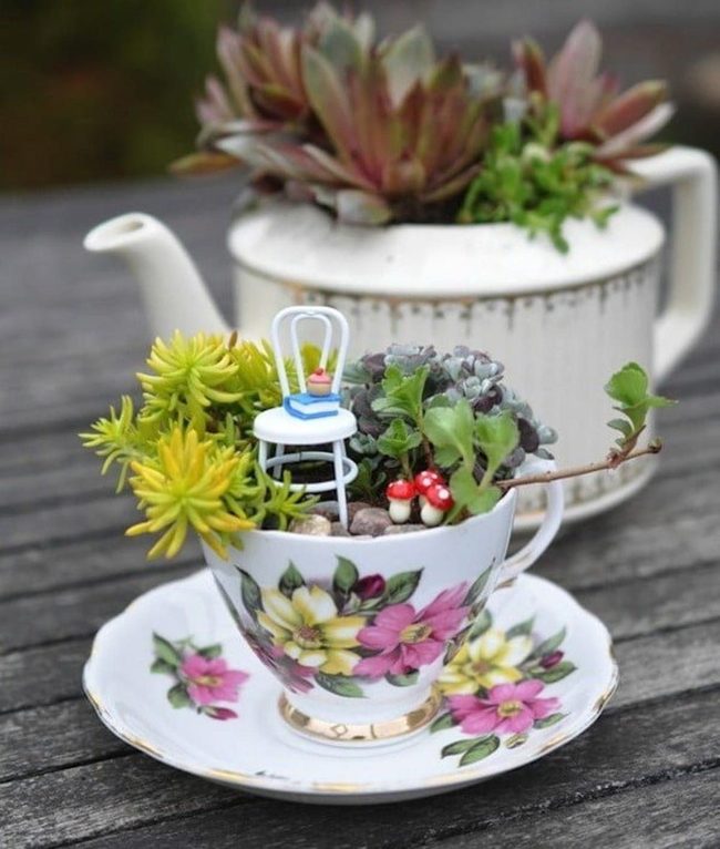 Teacup Fairy Garden With Mushrooms