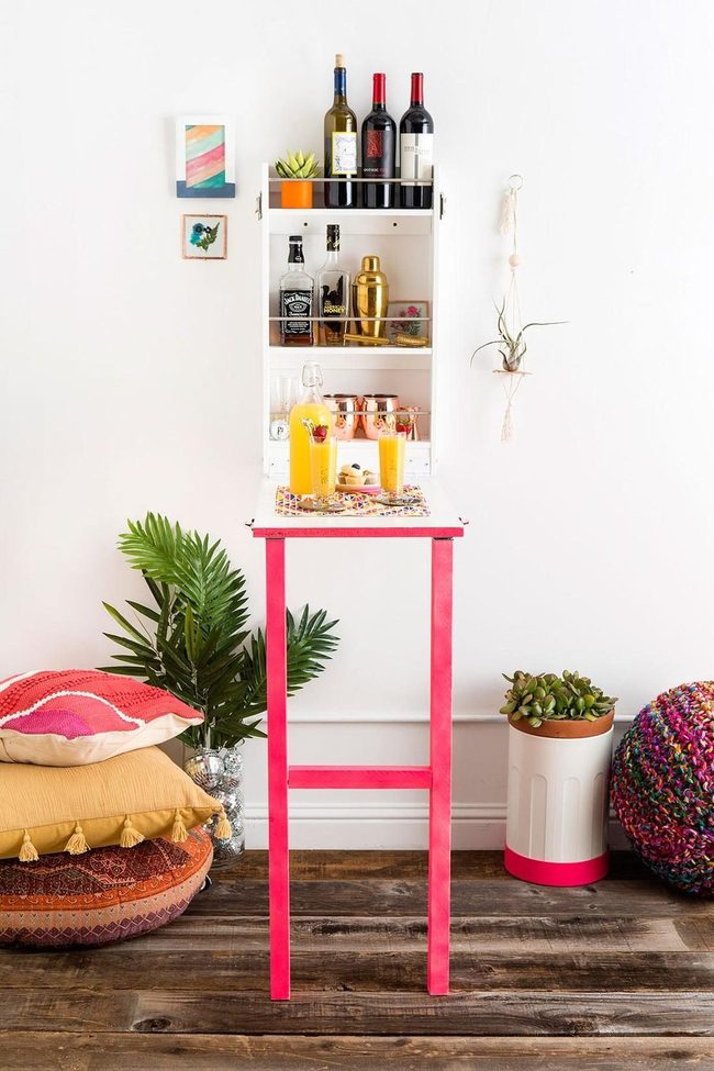 Pink Accent Tables, Vibrant Home Bar