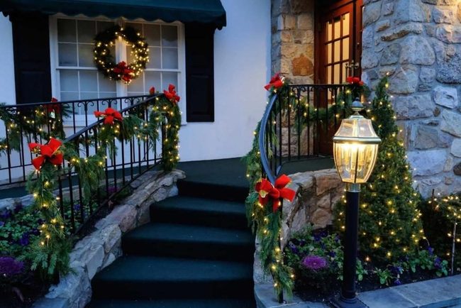 Festive Red Bows Stone Entrance